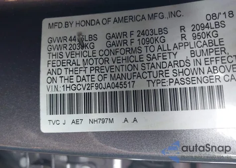 2018 Honda Accord Touring 2.0T из США, поврежденный, VIN 1HGCV2F90JA045517